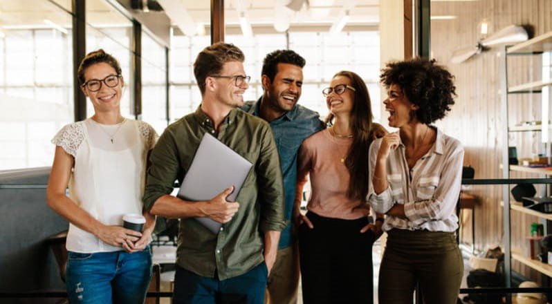 Diverse black and white young business people women and men group office workers people.