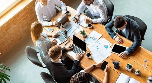 Overhead image of people working