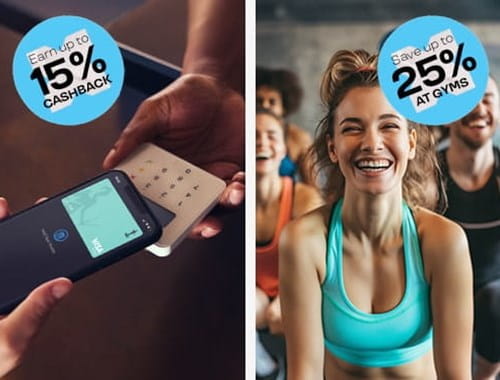 Split image showing payment with a mobile phone on one side and a headshot of a woman at a gym on the other