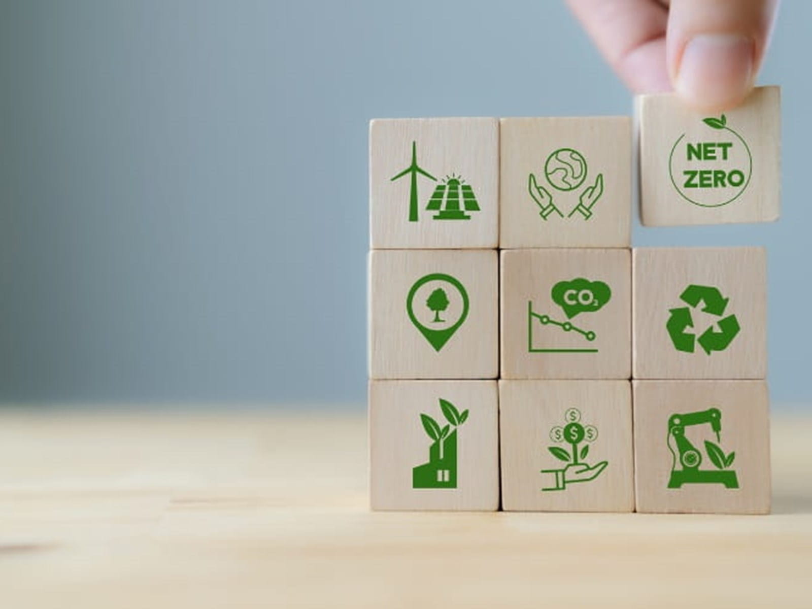 Wooden blocks with images on each of them related to sustainability