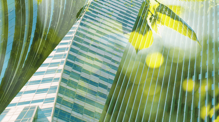 Abstract image of green leaves overlaying an office building